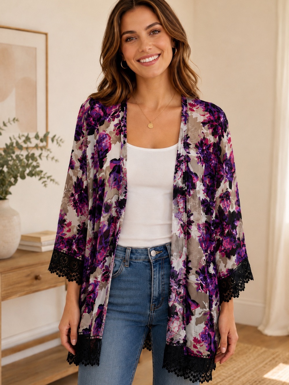 Purple Floral Lace-Trim Kimono